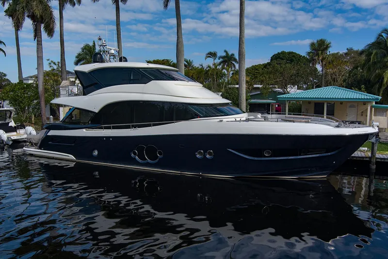 The Image of 2021 Monte Carlo Yachts MCY 76 Skylounge docked, showcasing sleek design and luxury features. - 0