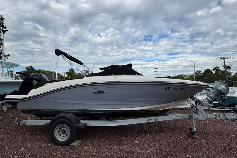 The Image of 2021 Sea Ray SPX 190 Outboard boat on trailer under cloudy sky. - 0