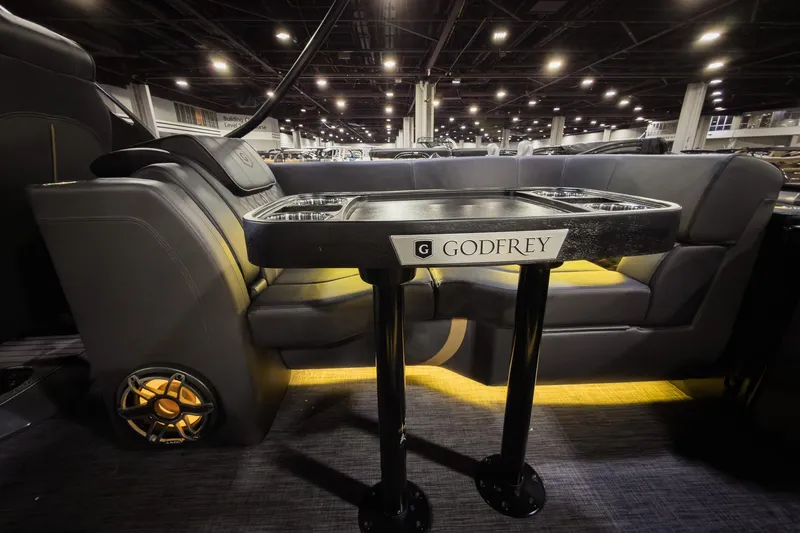 Slide: The Image of Luxurious interior of 2026 Godfrey SanPan 25' Split Bench Windshield pontoon boat. - 30