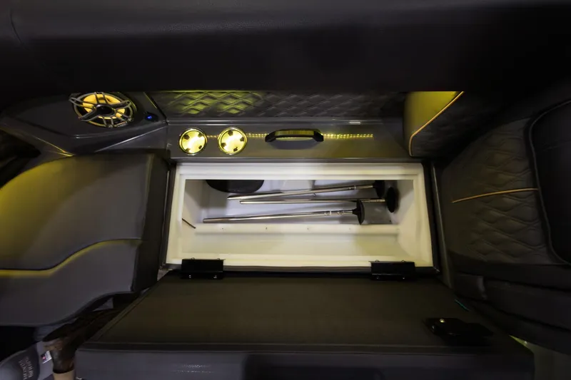 Slide: The Image of Interior storage compartment of 2026 Godfrey SanPan 25' Split Bench Windshield boat. - 8