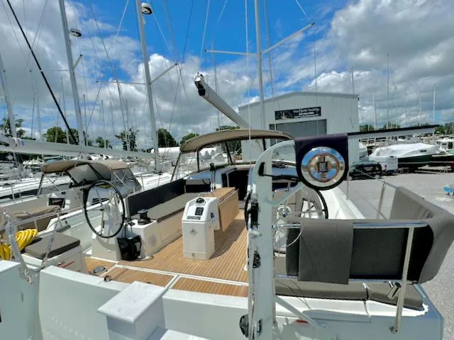 Slide: The Image of 2023 Jeanneau Sun Odyssey 490 sailboat with spacious deck and dual steering wheels. - 2