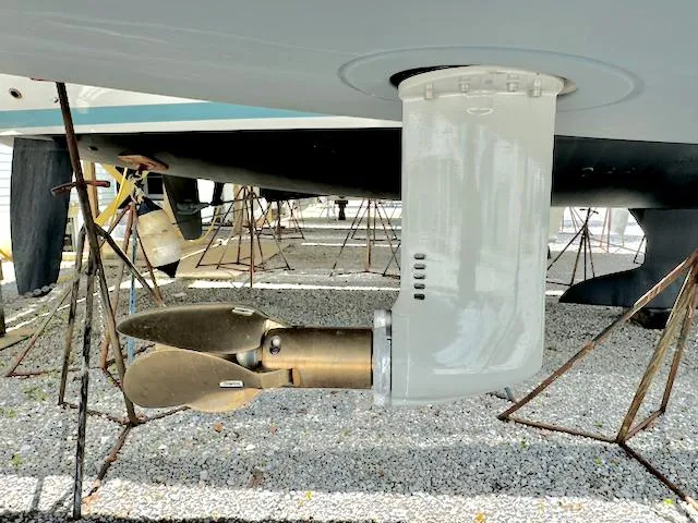 Slide: The Image of Close-up of Jeanneau Sun Odyssey 490 propeller and rudder, 2023 model, on dry dock. - 41