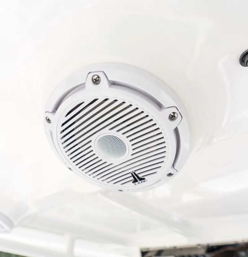 Slide: The Image of 2025 Sea Hunt Ultra 305 SE boat speaker, white grille, close-up view. - 24