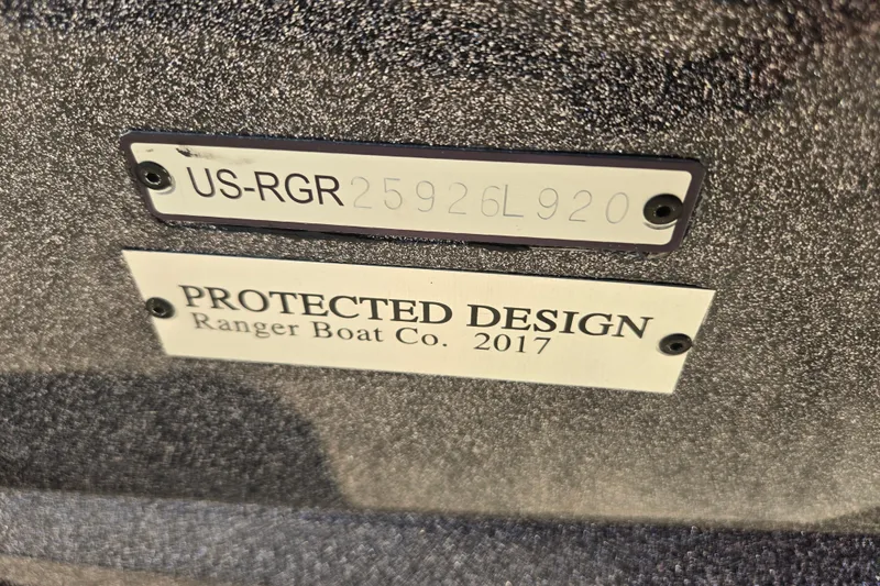 Slide: The Image of 2020 Ranger Z521L boat with protected design plaque and serial number. - 17