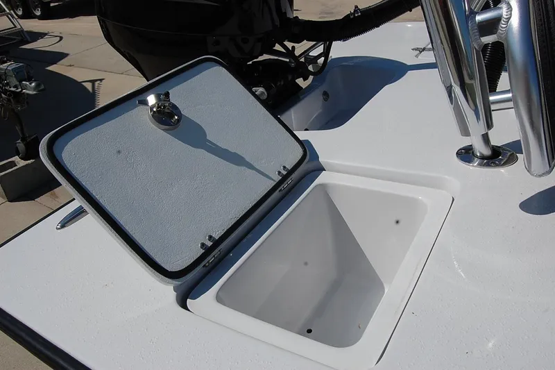 Slide: The Image of Open storage compartment on 2026 TEXAR 16 boat deck, featuring sleek design and functionality. - 19