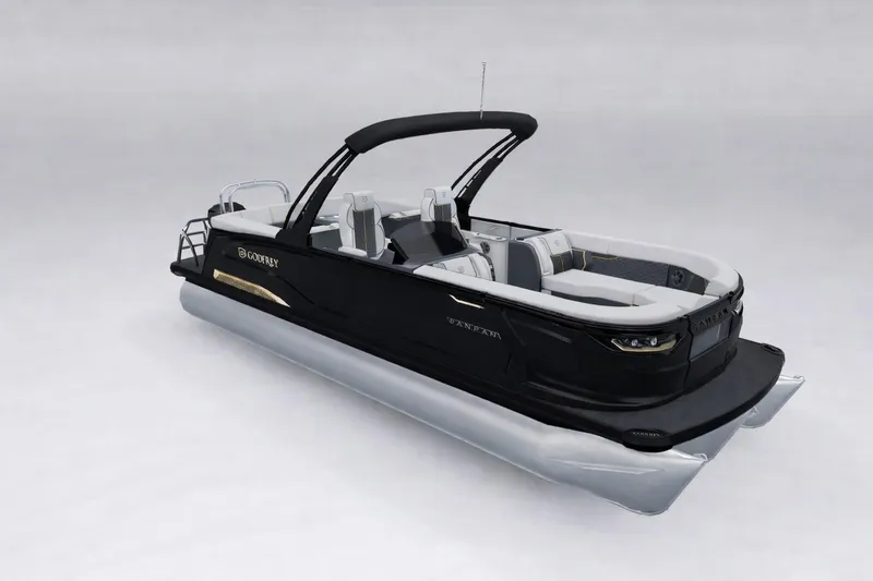 The Image of 2026 Godfrey Sanpan 25' Ultra Lounge Tritoon, sleek black design, luxurious seating. - 0