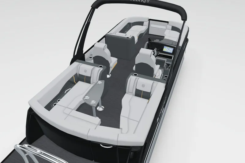 Slide: The Image of 2026 Godfrey Sanpan 25' Ultra Lounge Tritoon with luxurious seating and modern design. - 2