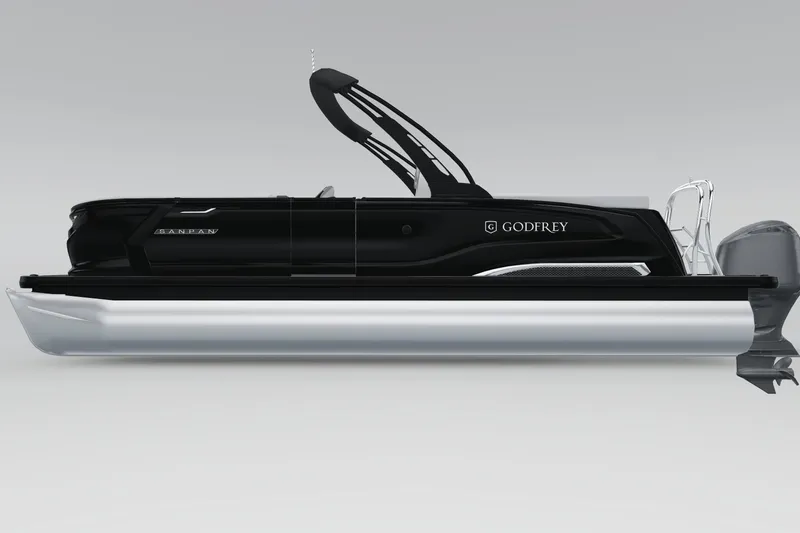 Slide: The Image of 2026 Godfrey Sanpan 25' Ultra Lounge Tritoon, sleek black design, side view. - 5