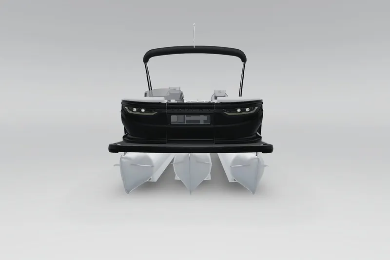 Slide: The Image of 2026 Godfrey Sanpan 25' Ultra Lounge Tritoon, rear view, sleek black design. - 9