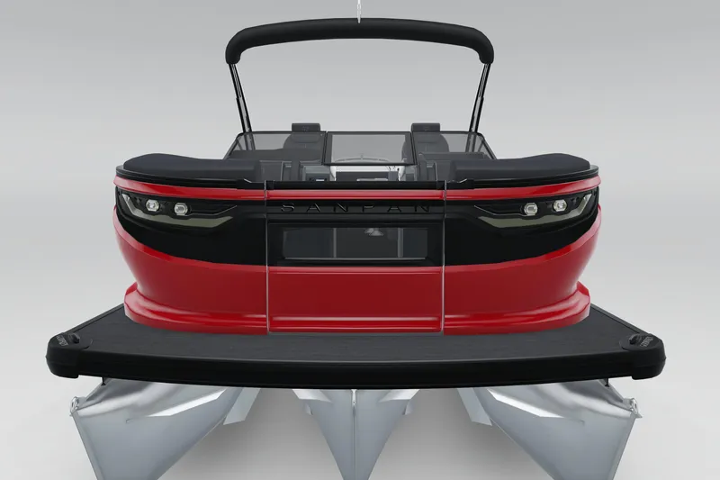 Slide: The Image of 2026 Godfrey Sanpan 25' Ultra Lounge Tritoon, sleek red and black design, rear view. - 2