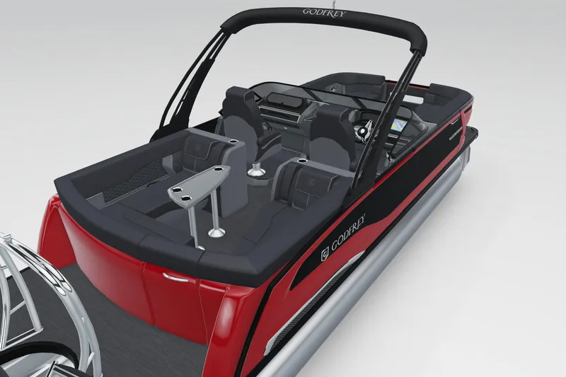 Slide: The Image of 2026 Godfrey Sanpan 25' Ultra Lounge Tritoon, sleek red and black design, luxurious seating. - 3