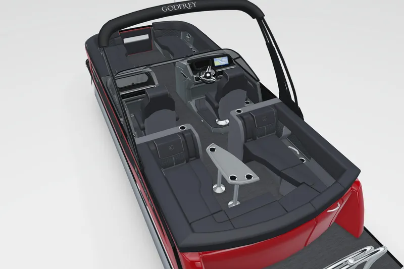 Slide: The Image of 2026 Godfrey Sanpan 25' Ultra Lounge Tritoon interior with sleek seating and modern helm. - 5