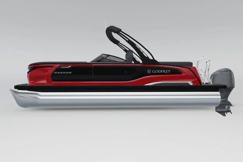 Slide: The Image of 2026 Godfrey Sanpan 25' Ultra Lounge Tritoon, sleek red and black design, side view. - 6