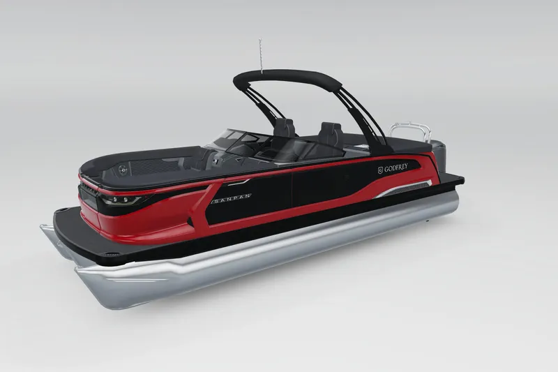 Slide: The Image of 2026 Godfrey Sanpan 25' Ultra Lounge Tritoon in sleek red and black design. - 7