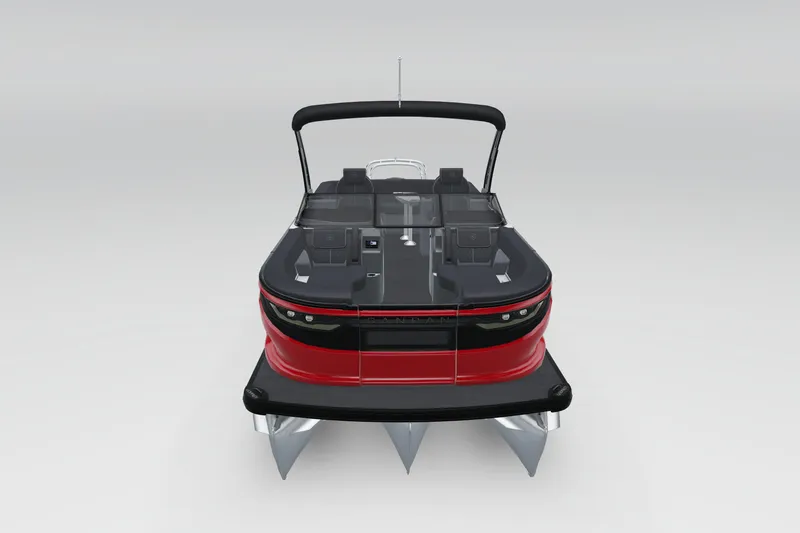 Slide: The Image of 2026 Godfrey Sanpan 25' Ultra Lounge Tritoon, sleek design with red and black accents. - 8