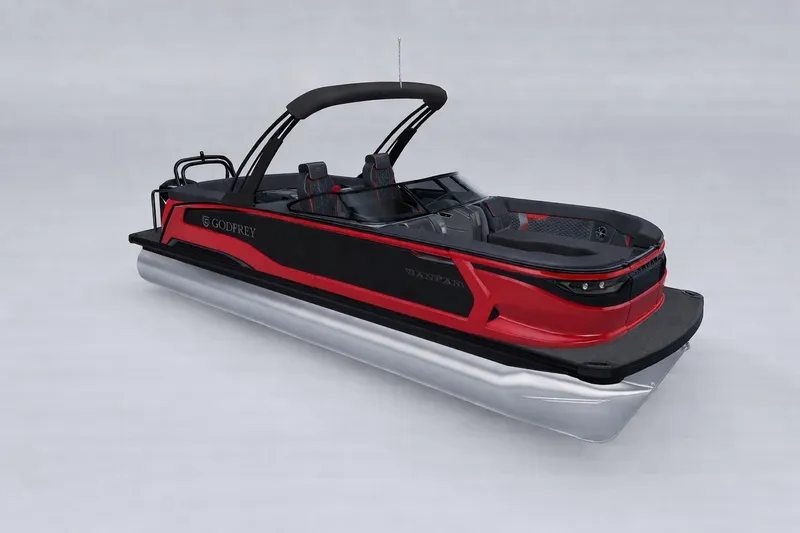 Slide: The Image of 2026 Godfrey Sanpan 25' Ultra Lounge Tritoon in sleek red and black design. - 9