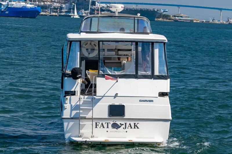 Slide: The Image of 1993 Carver 350 Aft Cabin Motor Yacht on water, rear view, San Diego. - 27