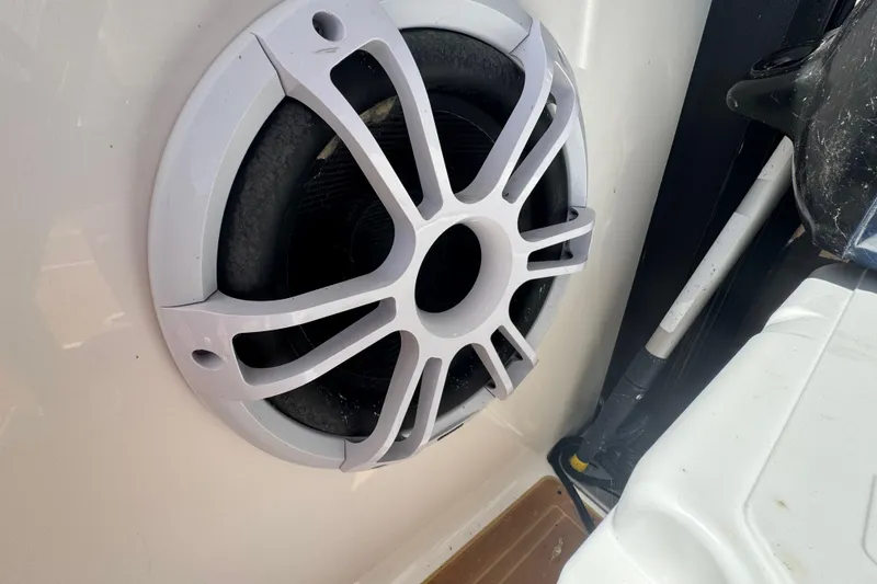 Slide: The Image of Close-up of a speaker on a 2019 Regal 42 Fly boat. - 17