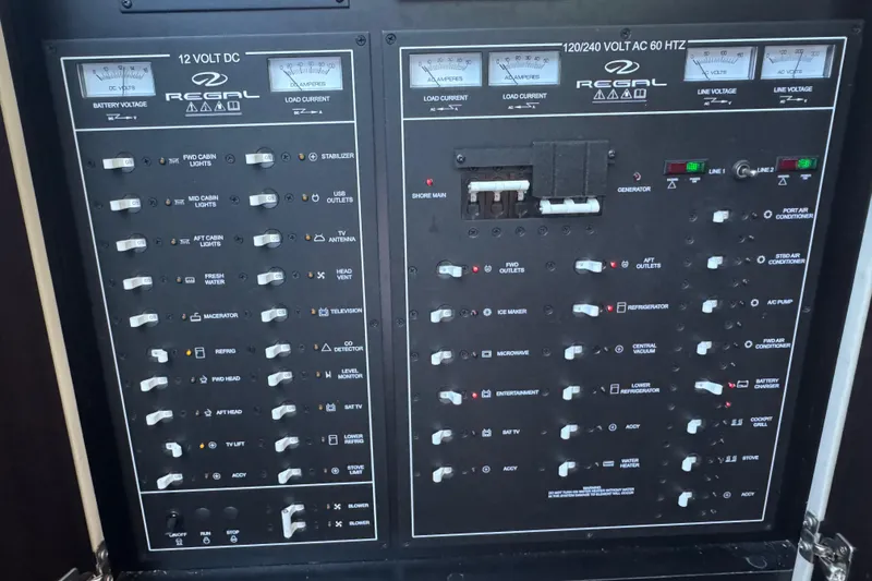 Slide: The Image of Control panel of a 2019 Regal 42 Fly yacht, featuring electrical switches and gauges. - 40