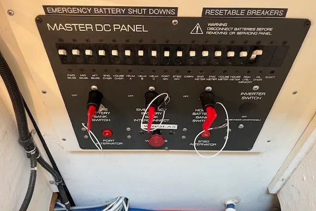 Slide: The Image of Master DC panel of 1998 Tiara Yachts 3500 Open with emergency battery shut downs. - 34