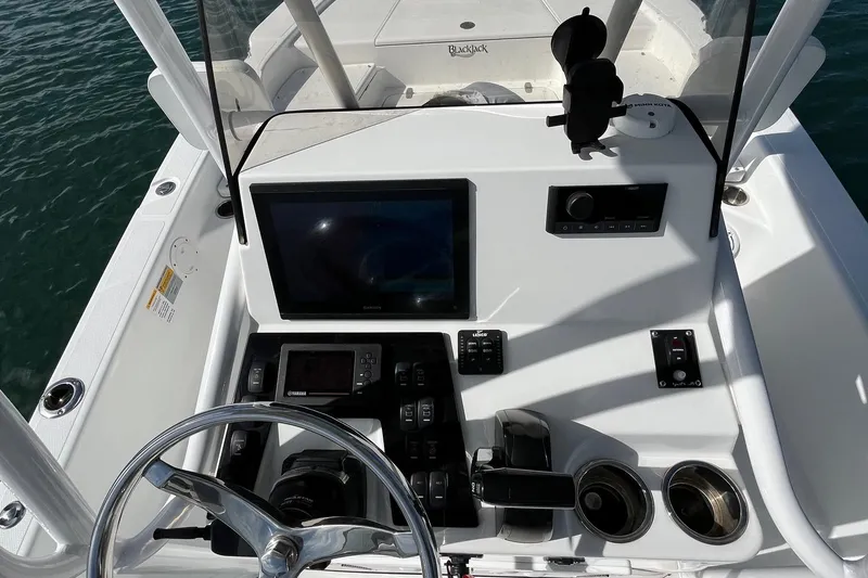 Slide: The Image of Center console of 2022 BlackJack 224 boat with navigation and control systems. - 4