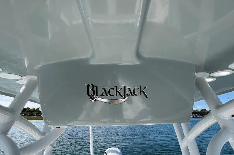 Slide: The Image of 2022 BlackJack 224 boat, sleek design, logo visible, on calm water. - 6