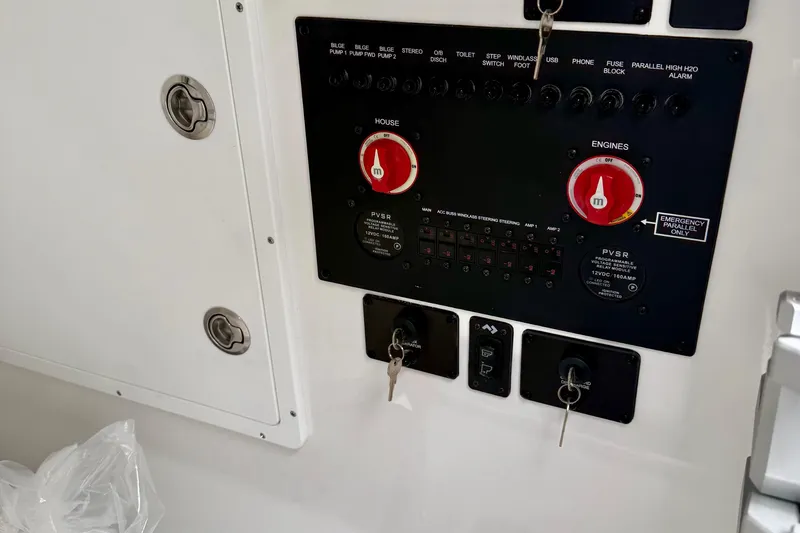 Slide: The Image of Interior of 2026 Tidewater 302 CC Adventure boat with seating and speakers. - 49