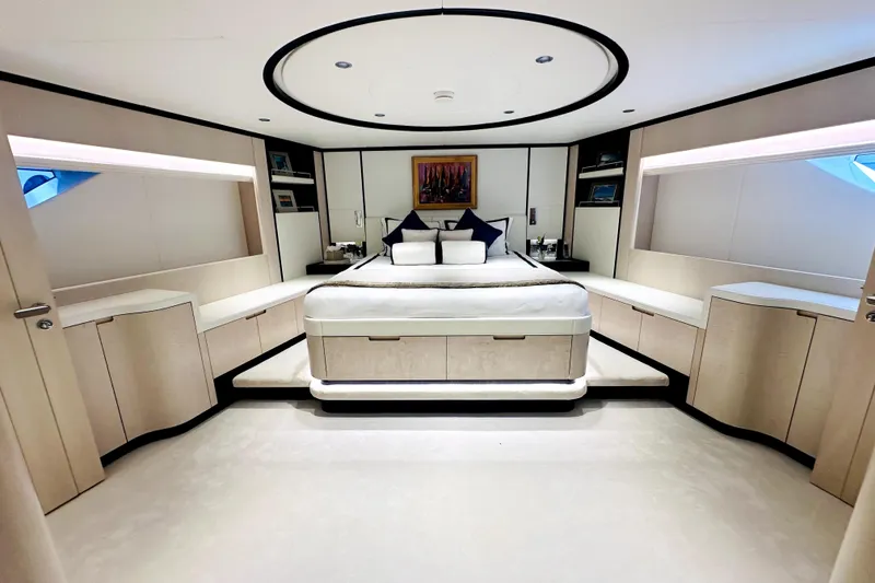 Slide: The Image of Luxurious 2023 Majesty 120 yacht bedroom with modern design and elegant furnishings. - 24