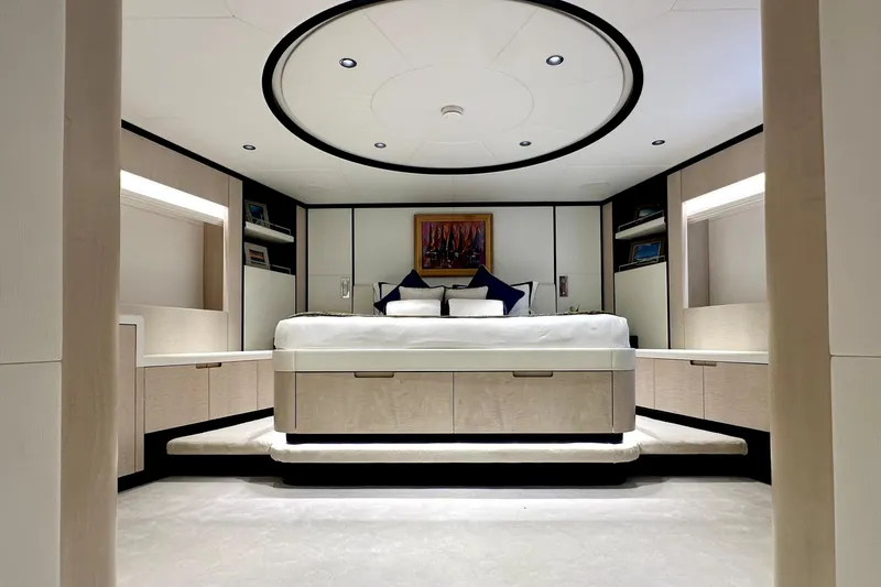 Slide: The Image of Luxurious bedroom interior of 2023 Majesty 120 yacht with modern design and elegant furnishings. - 35