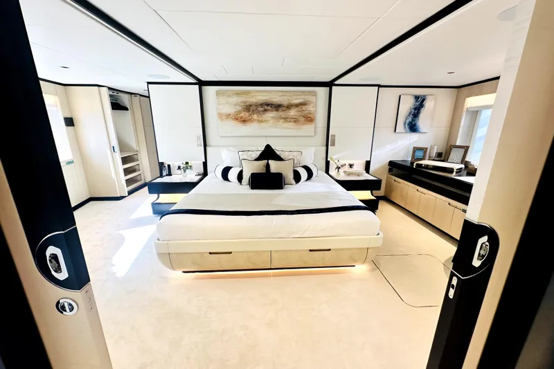 Slide: The Image of Luxurious bedroom interior on 2023 Majesty 120 yacht, featuring modern design and elegant decor. - 48