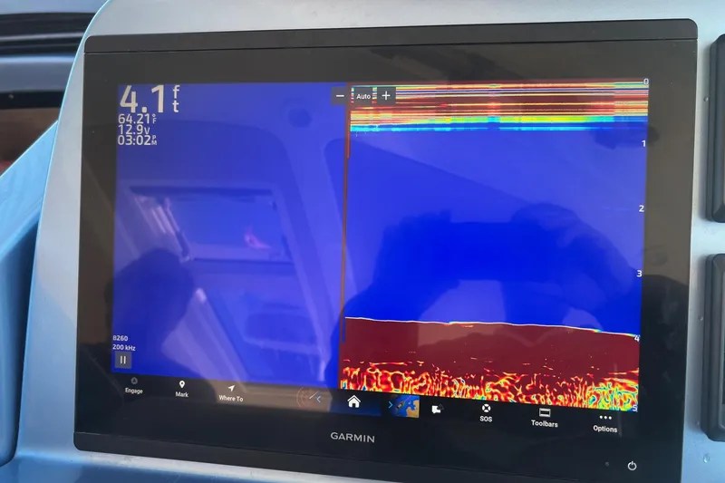 Slide: The Image of Garmin marine display on 2014 Tiara Yachts 3900 Coronet, showing depth and sonar data. - 29