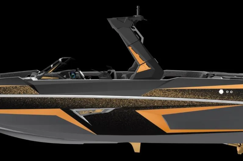 Slide: The Image of 2026 Tigé 22RZX boat with sleek black and orange design on a black background. - 3