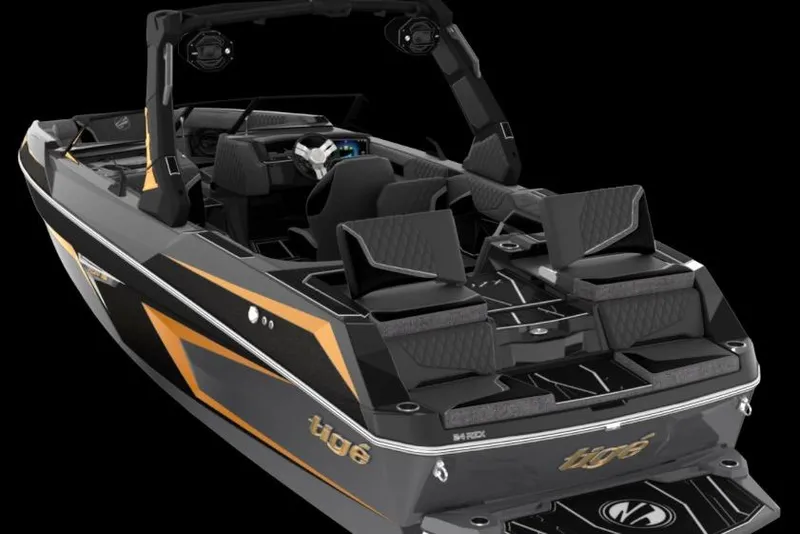 Slide: The Image of 2026 Tigé 22RZX boat with sleek black and orange design, luxurious seating. - 4