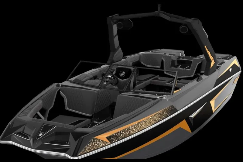Slide: The Image of 2026 Tigé 22RZX boat with sleek black and orange design, luxury interior. - 6