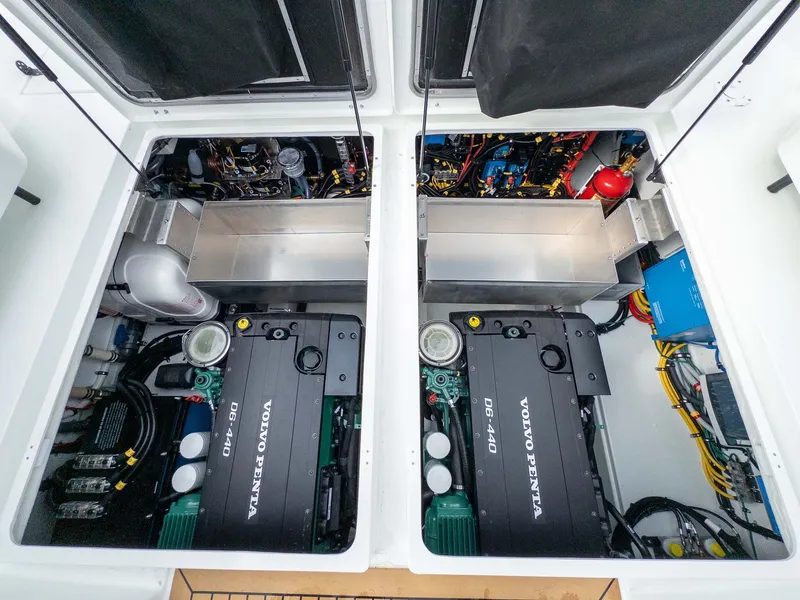 Slide: The Image of Engine compartment of 2024 Targa 37 boat with dual Volvo Penta engines. - 43