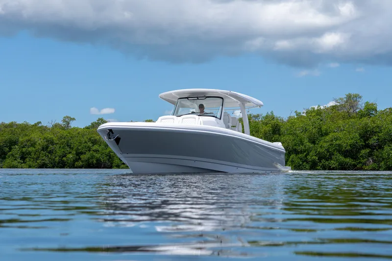Slide: The Image of Intrepid 43 Nomad SE 2026 on calm water with lush greenery backdrop. - 20