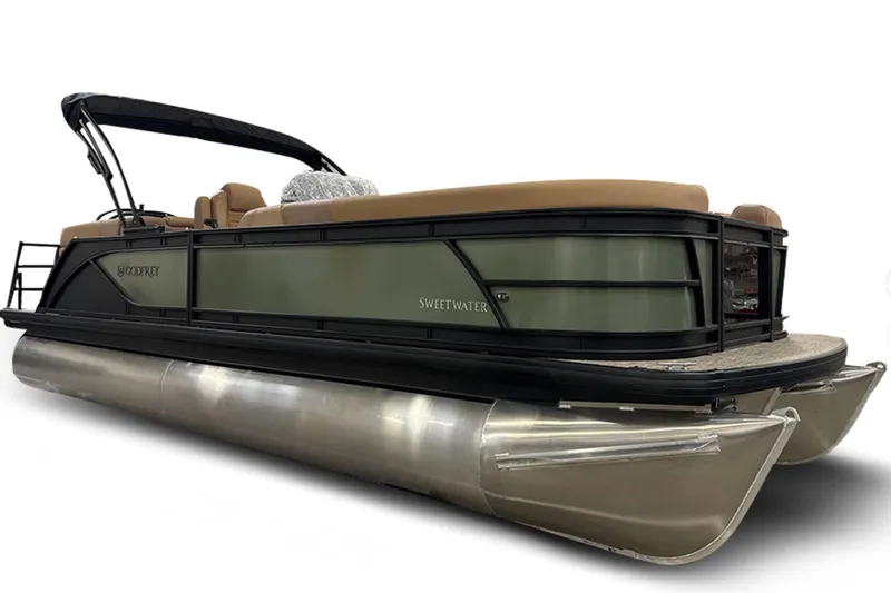 Slide: The Image of 2026 Godfrey Sweetwater 22' Split Bench Tritoon, model 2286 SBC, side view. - 2