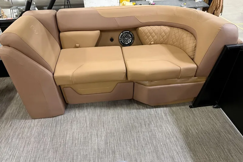 Slide: The Image of Luxurious seating on 2026 Godfrey Sweetwater 22' Split Bench Tritoon, featuring tan upholstery. - 3