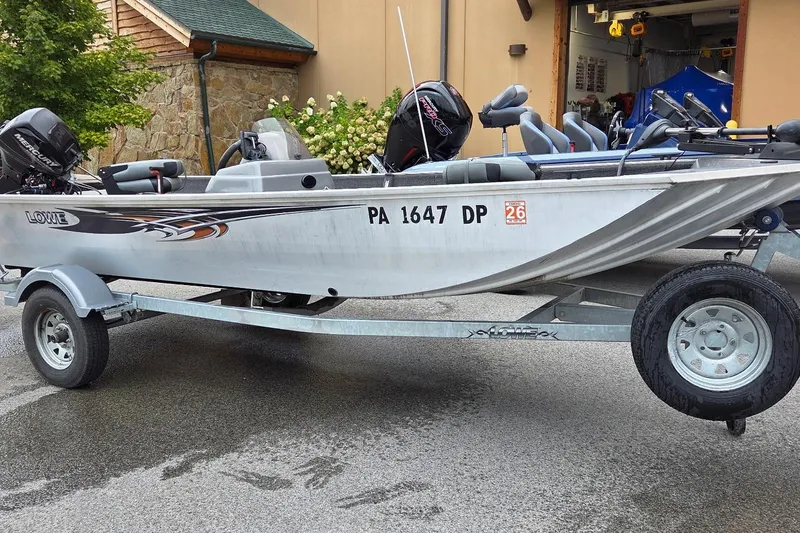 Slide: The Image of 2014 Lowe Stryker 17 boat on trailer, parked outside a building. - 0