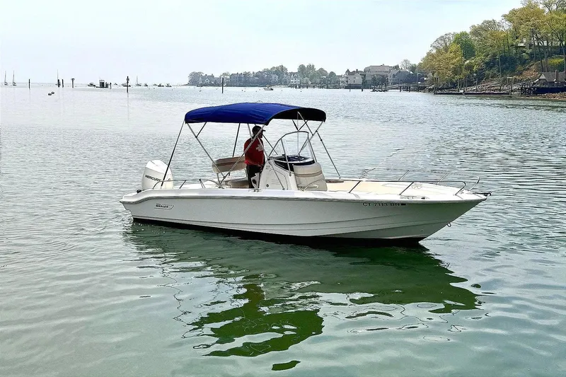 Slide: The Image of 2022 Boston Whaler 220 Dauntless boat on calm water with blue canopy. - 1