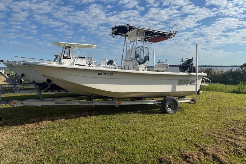 The Image of 2008 Carolina Skiff 218 DLV boat on trailer, parked on grassy area under blue sky. - 1