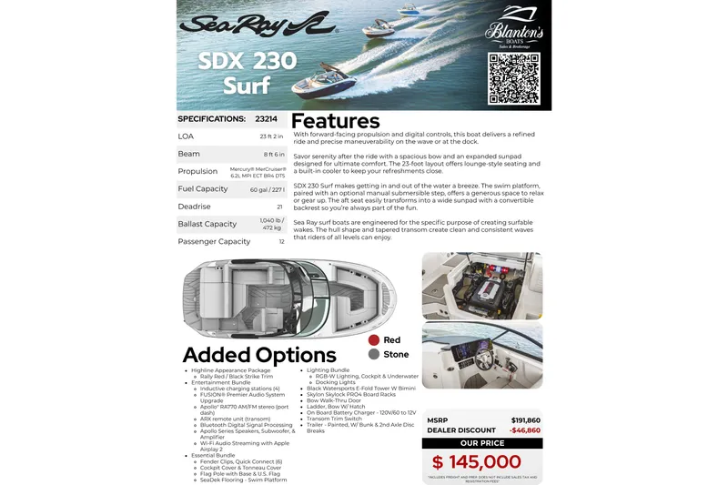 Slide: The Image of 2026 Sea Ray SDX 230 Surf boat brochure with specifications, features, and pricing details. - 45