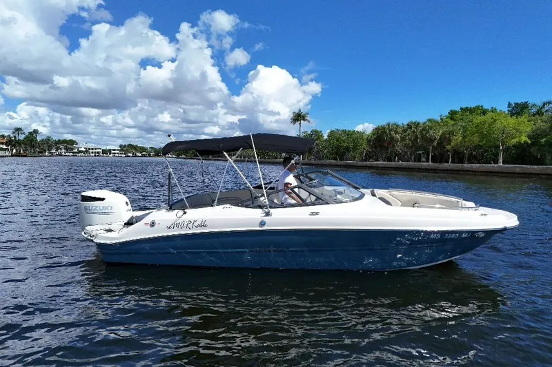 Slide: The Image of 2021 Stingray 231 DC boat on a sunny day, cruising on calm waters. - 2
