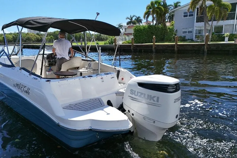 Slide: The Image of 2021 Stingray 231 DC boat with Suzuki engine cruising on a sunny day. - 3