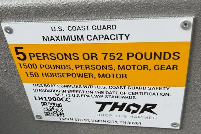 Slide: The Image of Thor LAKE HAMMER 1900 CC 2026 boat capacity label: 5 persons, 752 pounds, 150 horsepower. - 7