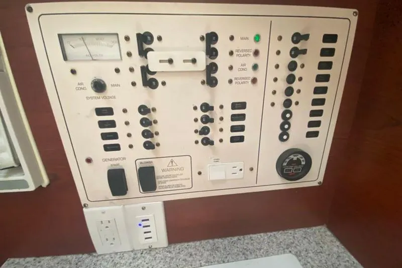Slide: The Image of Control panel of a 2001 Rinker 310 Fiesta Vee boat, featuring switches and gauges. - 15