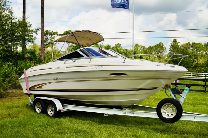 Slide: The Image of 2001 Sea Ray 215 Express Cruiser on trailer, parked on grass under cloudy sky. - 5