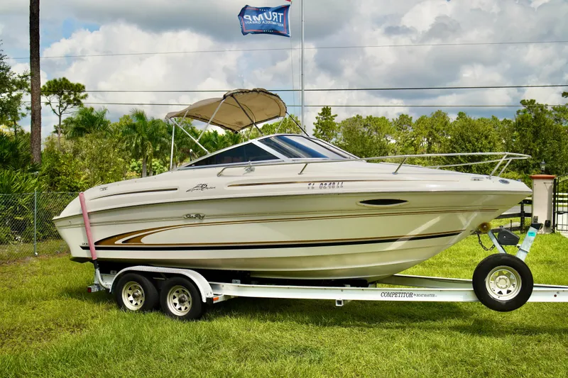 Slide: The Image of 2001 Sea Ray 215 Express Cruiser on trailer, parked on grass under cloudy sky. - 6