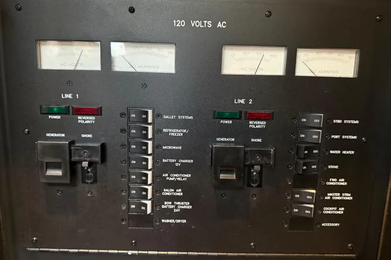 Slide: The Image of Electrical control panel of a 2007 Sea Ray 40 Sundancer boat, showing switches and meters. - 25