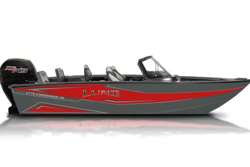 The Image of 2026 Lund 1775 Crossover XS boat with red and gray design, side view. - 0
